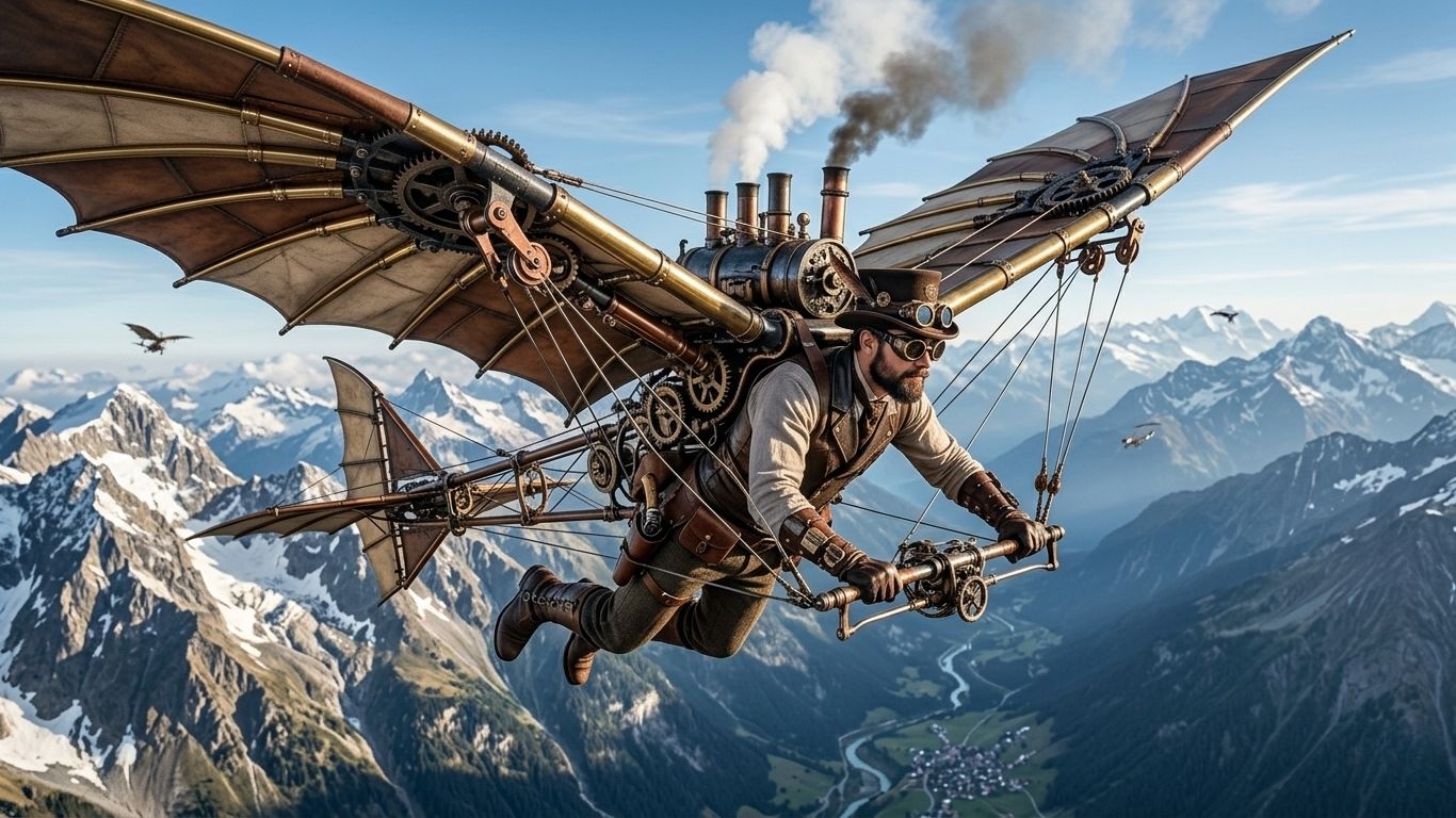 KI-Bild eines Mannes in einem abenteuerlichen Flugobjekt im Steampunk-Stil